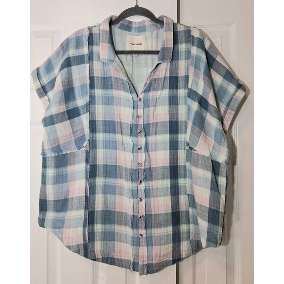 Lucky brand womens xl gauzy cotton shirt blouse blue plaid top tab sleeve - Picture 5 of 9